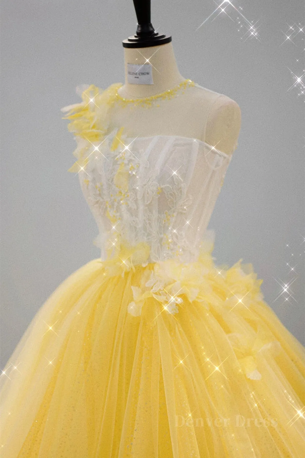 Round Neck Yellow Lace Tulle Prom Dress, Yellow Lace Short Homecoming Dress, Yellow Formal Graduation Evening Dress