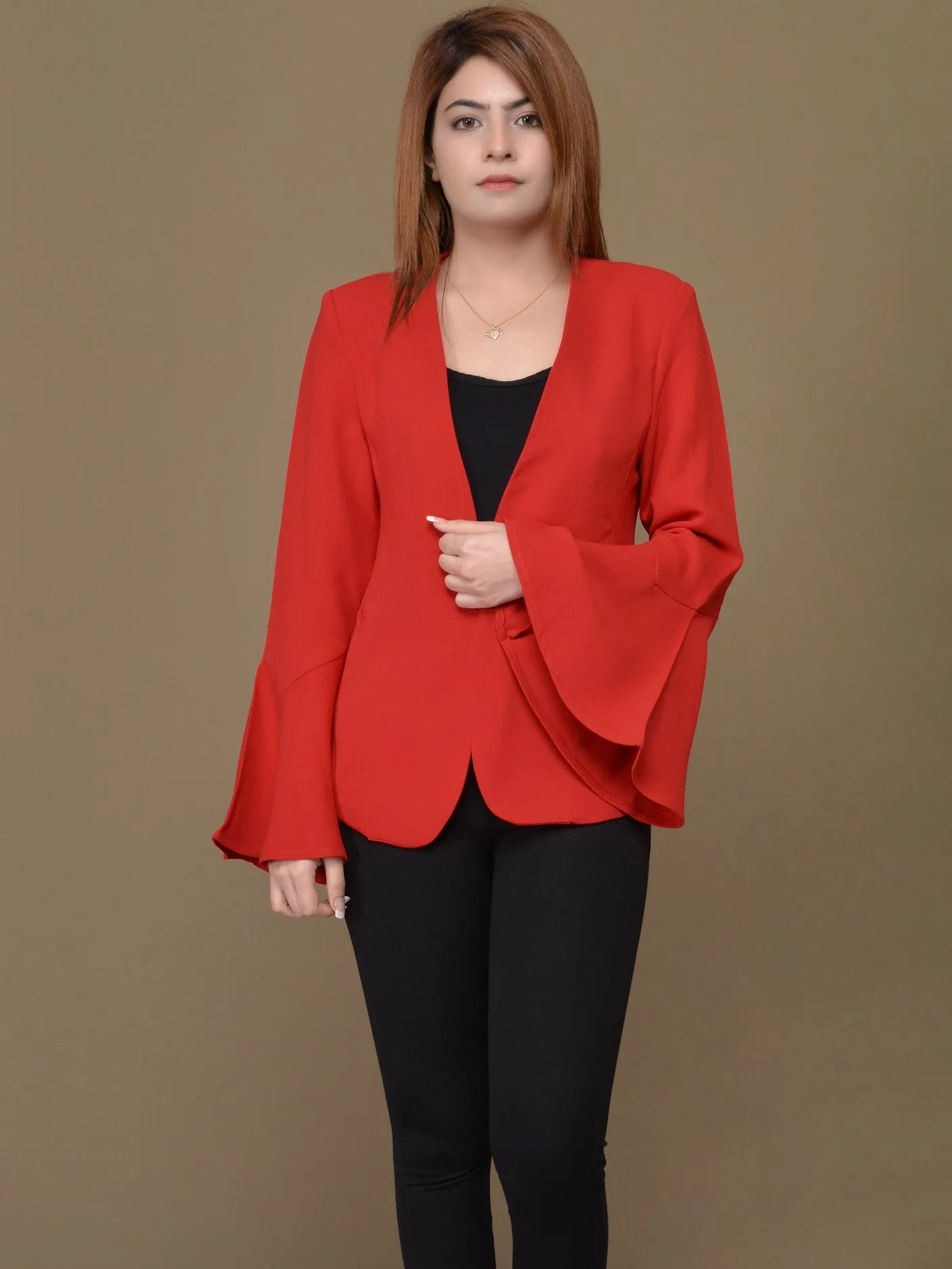 Ruffle Sleeved Coat - Light Red