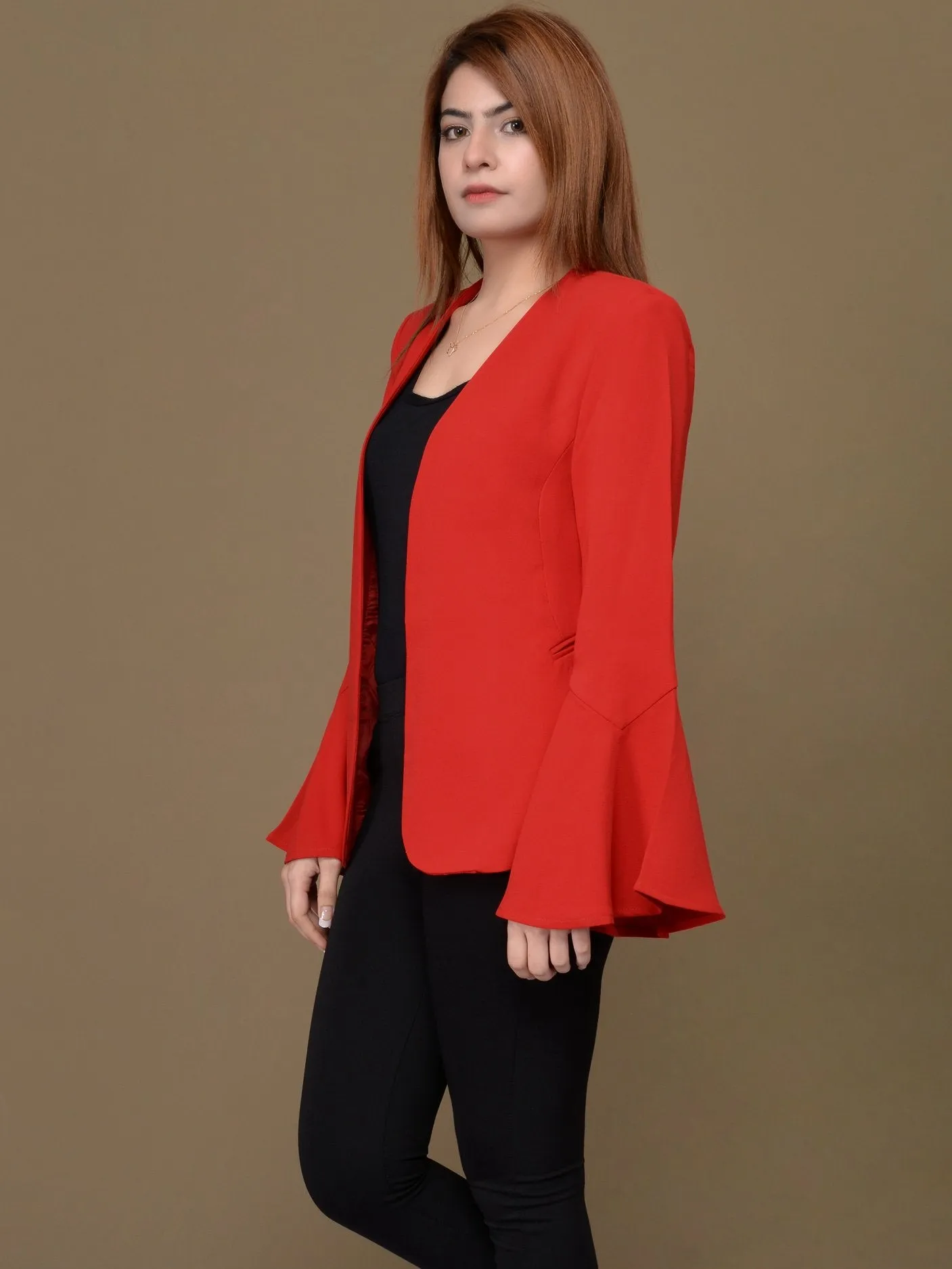 Ruffle Sleeved Coat - Light Red