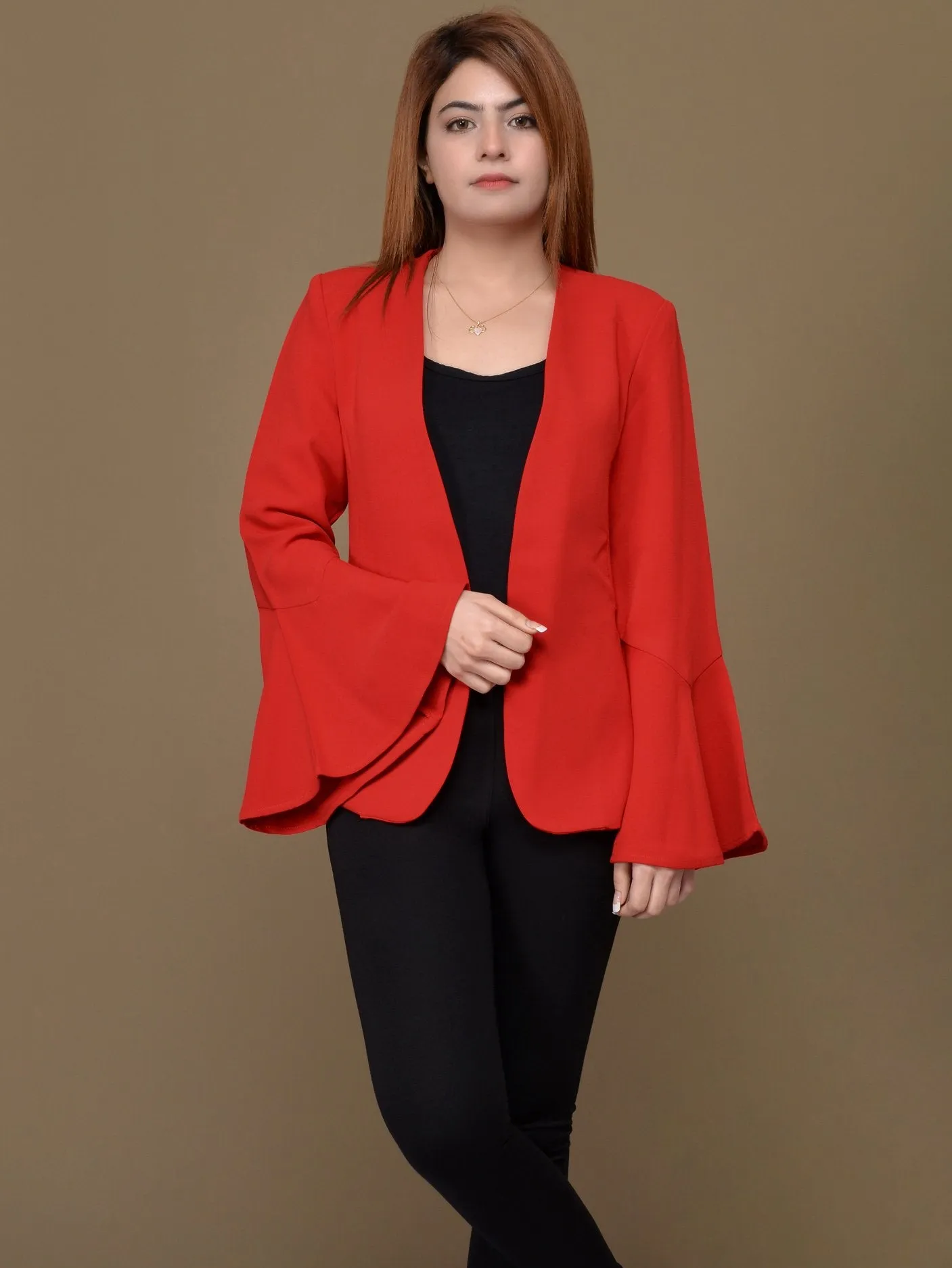 Ruffle Sleeved Coat - Light Red