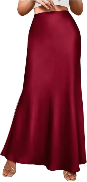 Satin Silk Maxi Skirts for Women Summer Elegant High Waist Long Skirts Cocktail Party Wedding Mermaid Dressy Skirt
