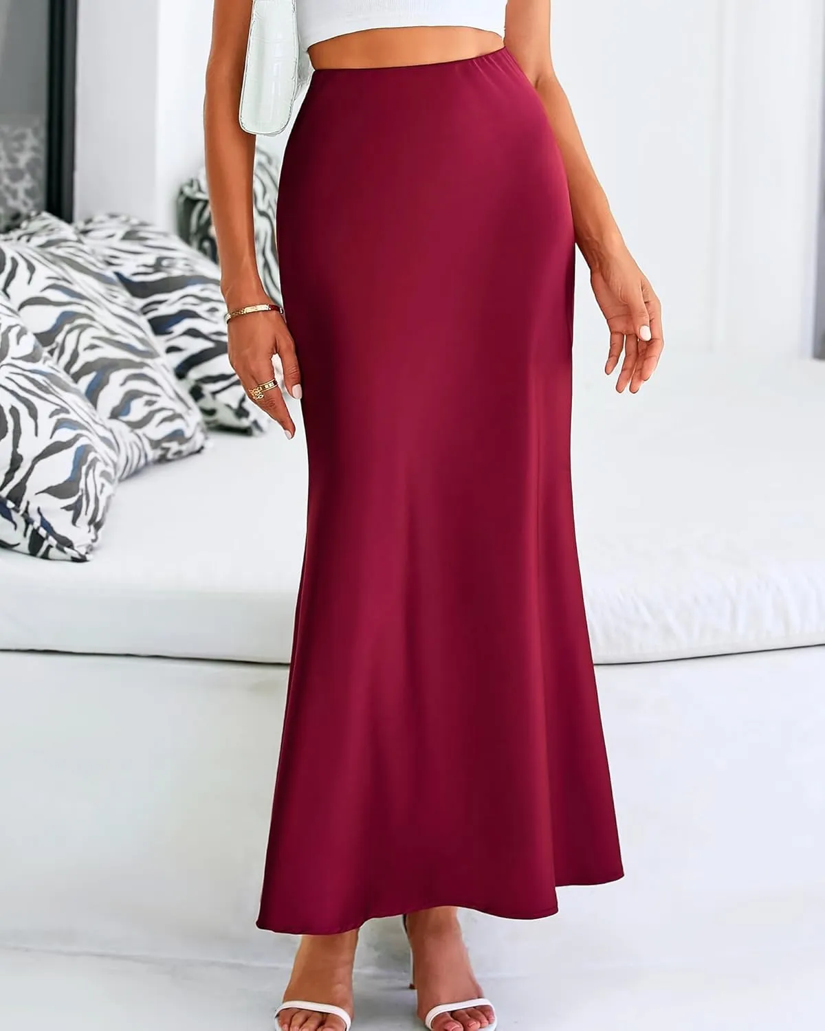 Satin Silk Maxi Skirts for Women Summer Elegant High Waist Long Skirts Cocktail Party Wedding Mermaid Dressy Skirt