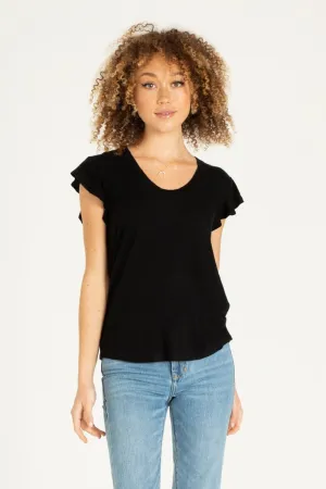 SCOOP NECK FLUTTER SLEEVE TOP | BLACK