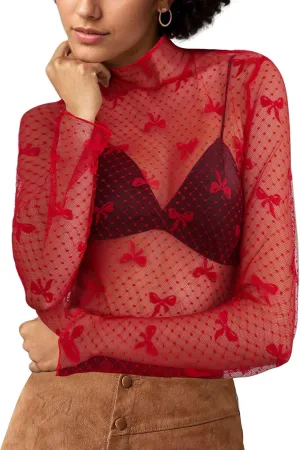 Sexy Lace Mesh Top Long Sleeve Sheer Top for Women See Though Mock Neck Bow Tee Shirt Blouse