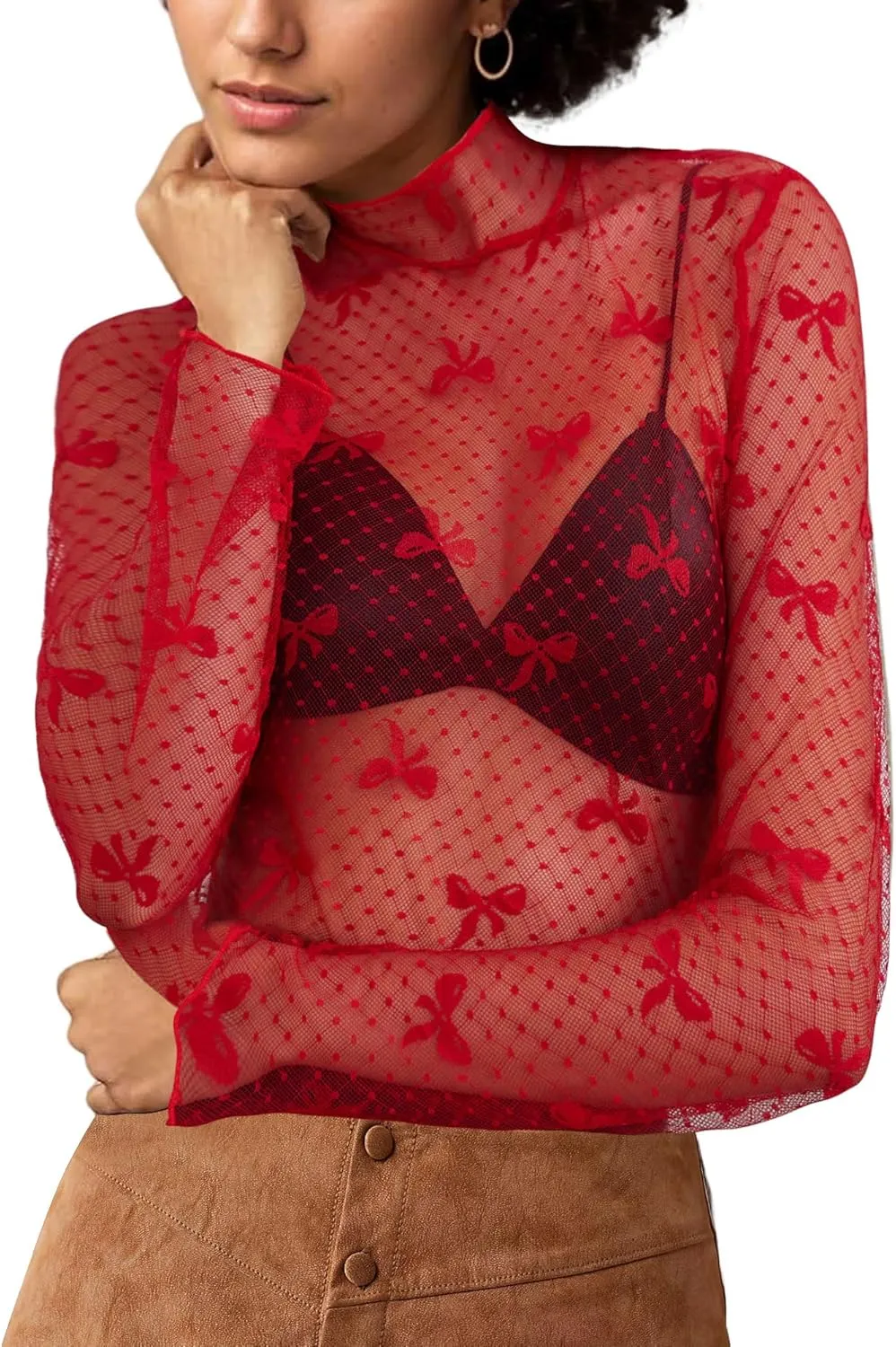 Sexy Lace Mesh Top Long Sleeve Sheer Top for Women See Though Mock Neck Bow Tee Shirt Blouse
