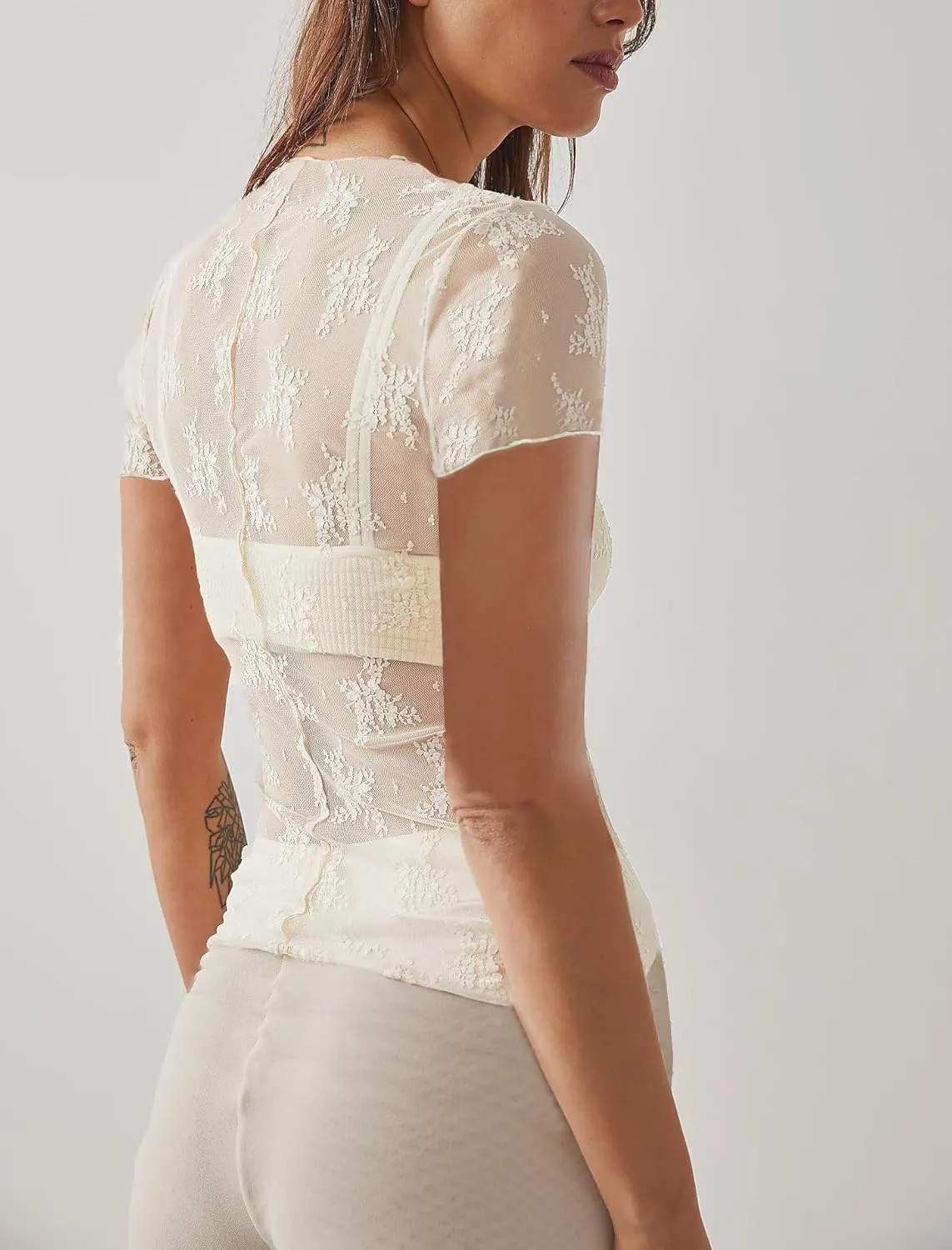 Sheer Mesh Short Sleeve Layering Top for Women Mock Neck Floral Lace Tshirt See Through Tee Shirt Blouse