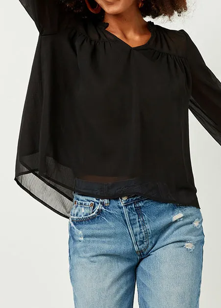 Sheer Ruffle Neck Long Sleeve Top