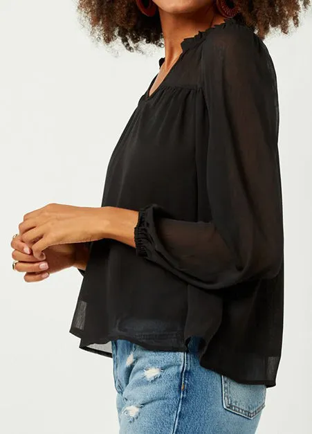 Sheer Ruffle Neck Long Sleeve Top