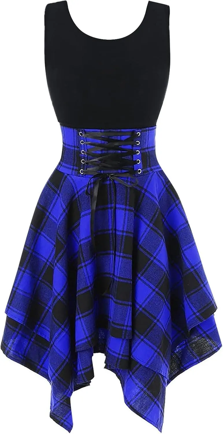Skater Dresses for Women,Summer Casual Lace-up Gingham Tank Dress High Waist Pleated Dress for School Girl