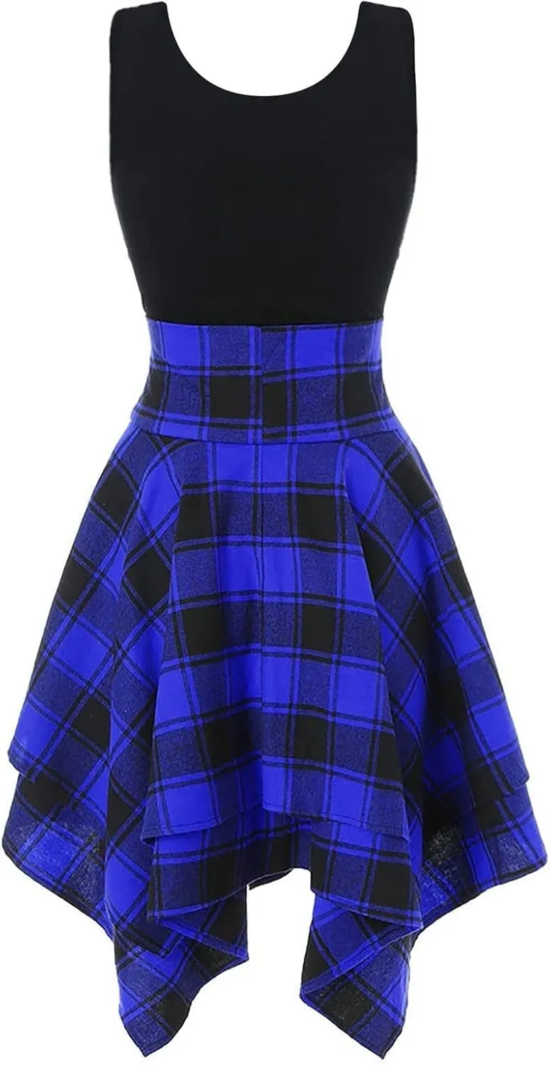 Skater Dresses for Women,Summer Casual Lace-up Gingham Tank Dress High Waist Pleated Dress for School Girl