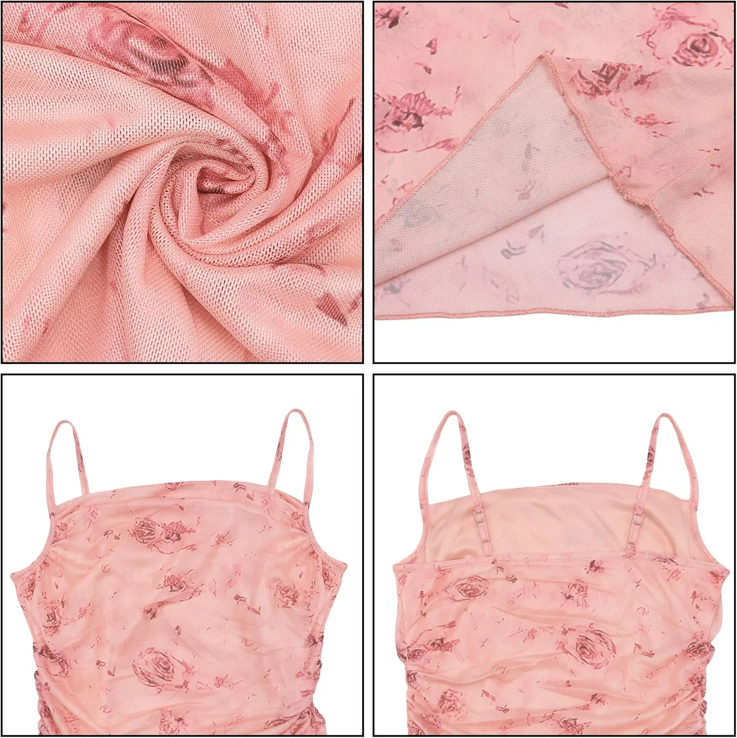 Spaghetti Strap Ruched Dress for Women Bodycorn Floral Print Midi Dress Sleeveless Summer Dress Mesh Layered