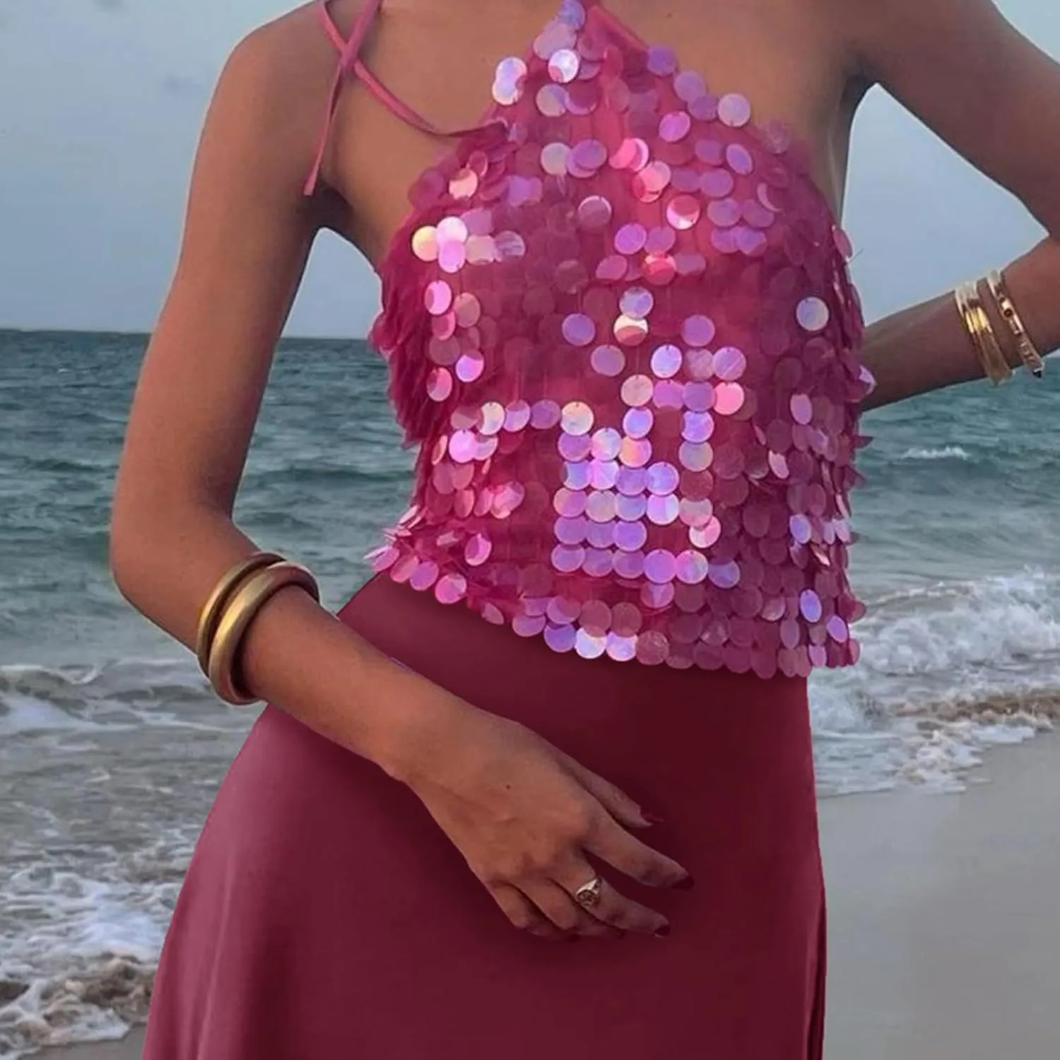 Sparkle Sequin Halter Crop Top for Women Y2K Coquette Glitter Backless Tie Up Cami Tank Top Rave Party Clubwear