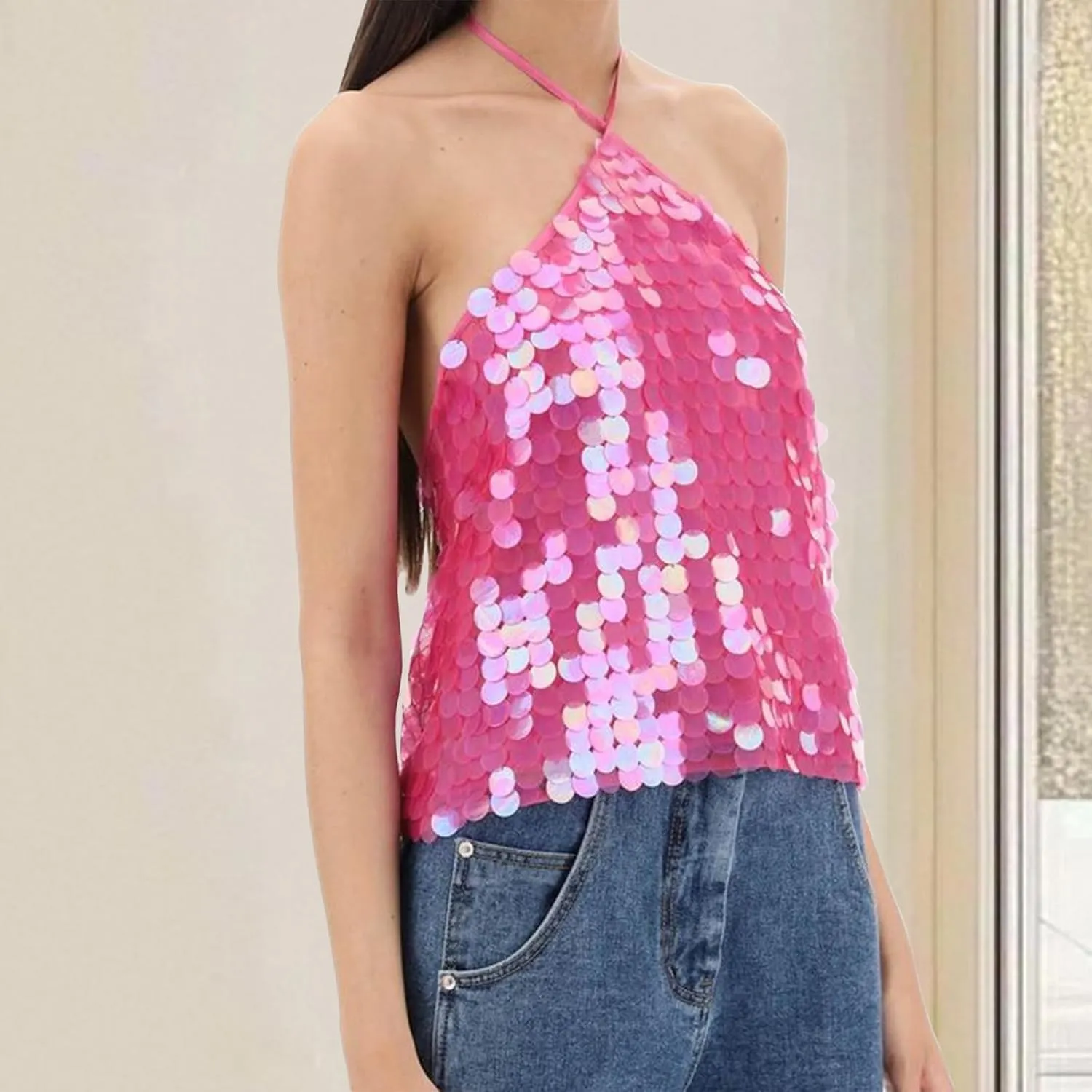 Sparkle Sequin Halter Crop Top for Women Y2K Coquette Glitter Backless Tie Up Cami Tank Top Rave Party Clubwear