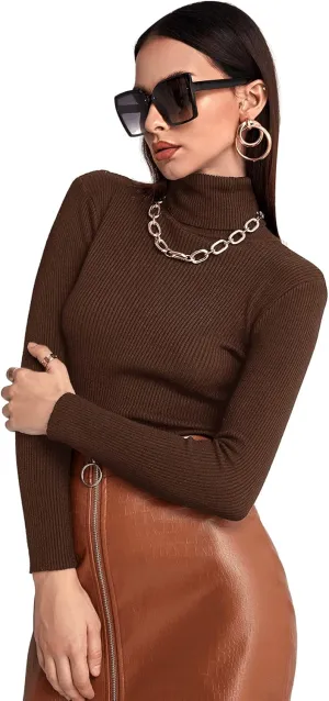 SweatyRocks Women's Long Sleeve Turtleneck Ribbed Knit Pullover Sweater Top