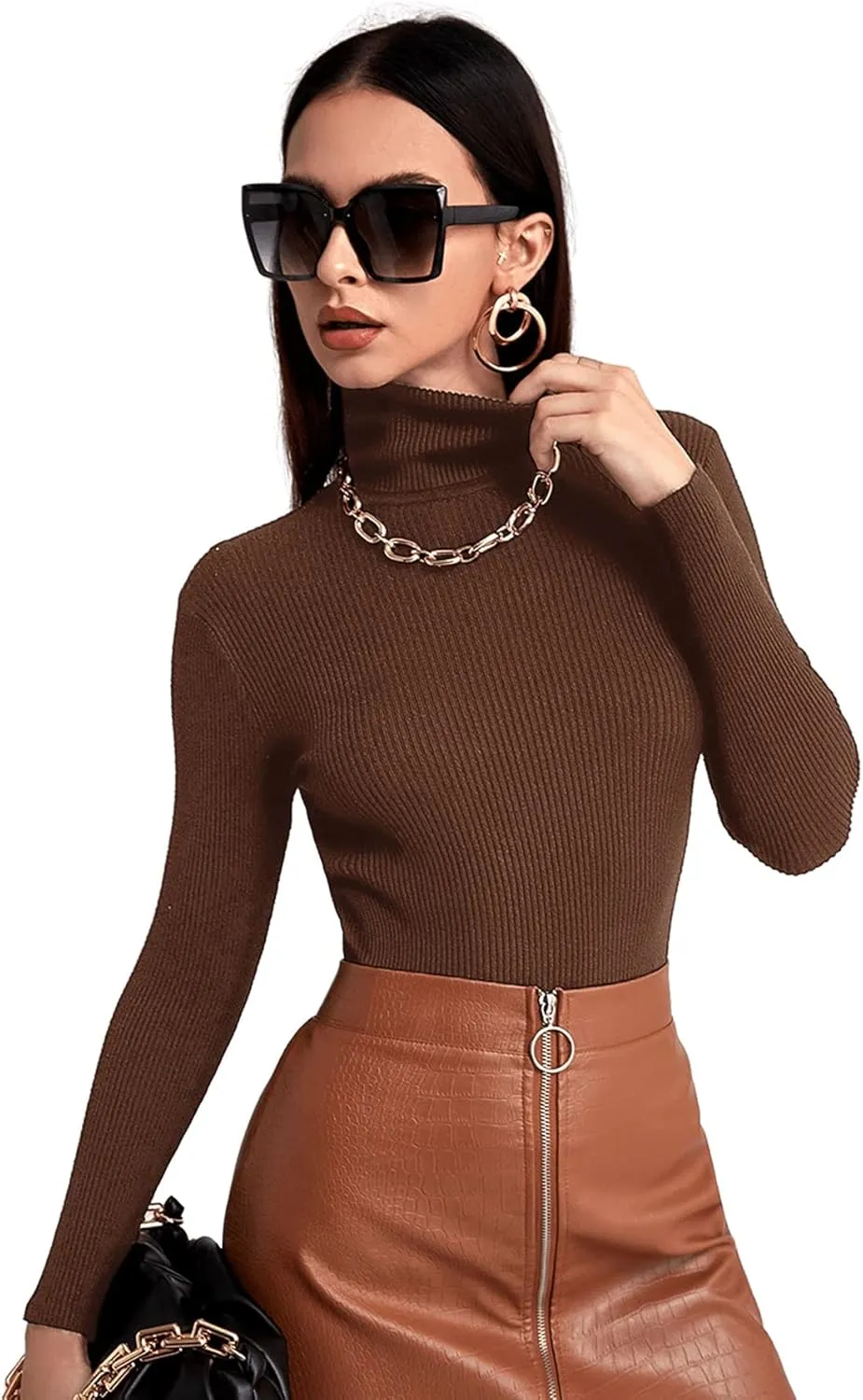 SweatyRocks Women's Long Sleeve Turtleneck Ribbed Knit Pullover Sweater Top