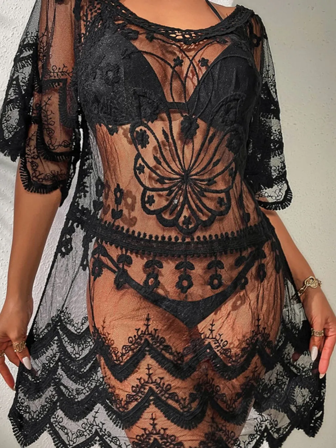 TEEK - Lace Round Neck Half Sleeve Cover-Up