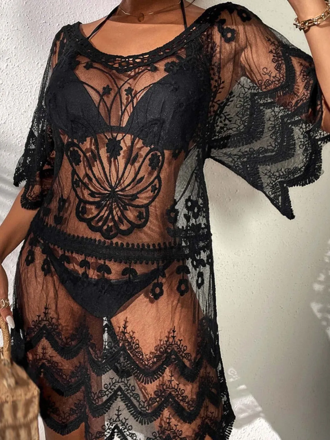 TEEK - Lace Round Neck Half Sleeve Cover-Up