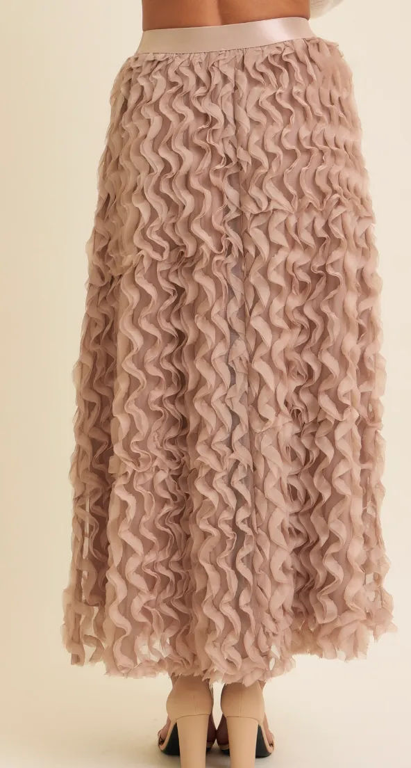 Textured Sheer Mesh Ruffle Tulle Maxi Skirt