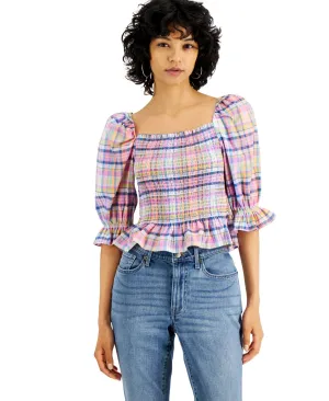 Tommy Hilfiger Women's Cotton Plaid Smocked Top Pink Size Large