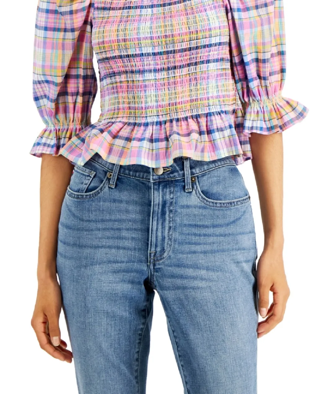Tommy Hilfiger Women's Cotton Plaid Smocked Top Pink Size Large