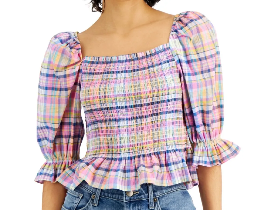 Tommy Hilfiger Women's Cotton Plaid Smocked Top Pink Size Large