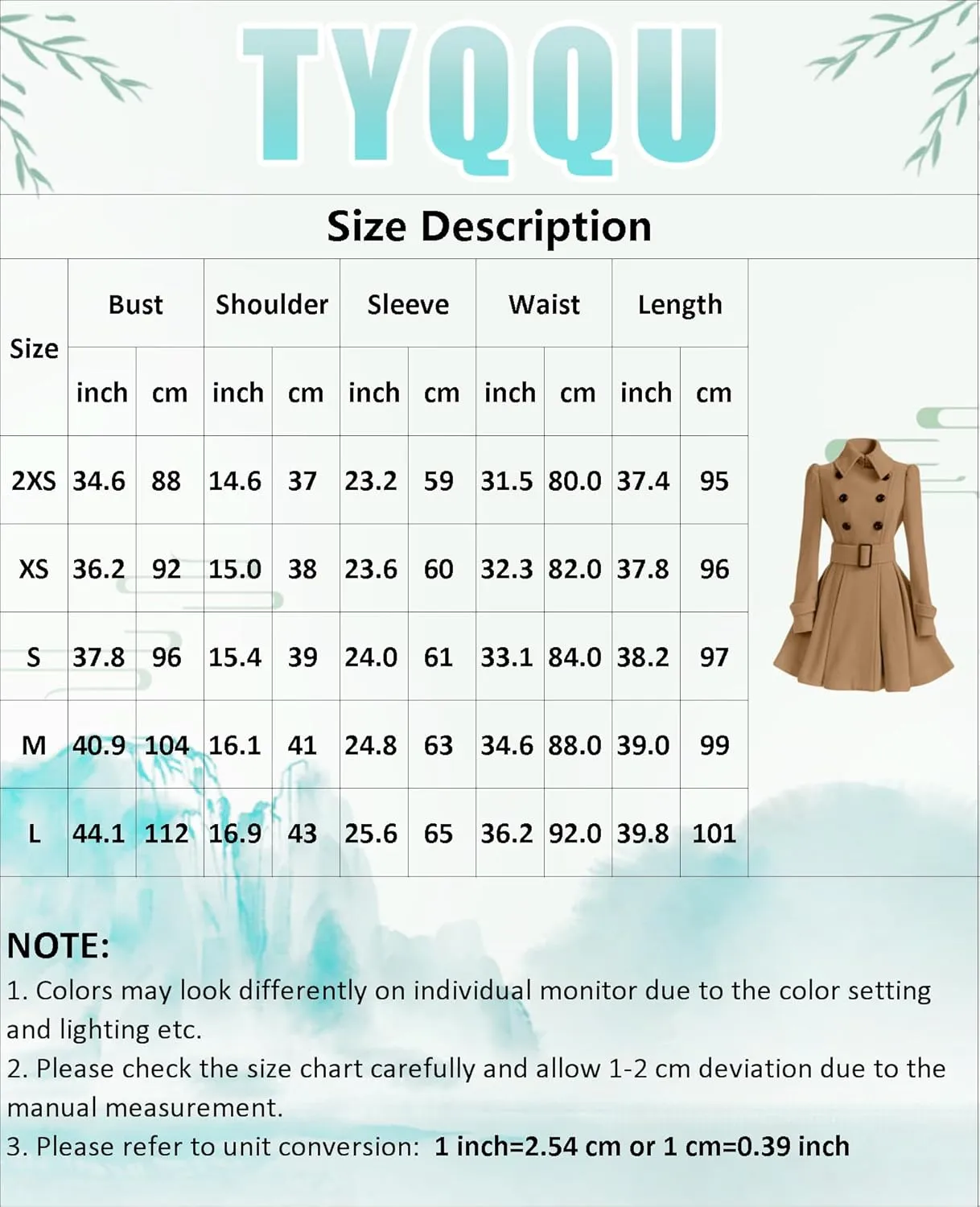 TYQQU Women's Fall Wool Blend Coats Warm Double-Breasted Notched Lapel Jackets Midi Long Long Sleeve Peacoat