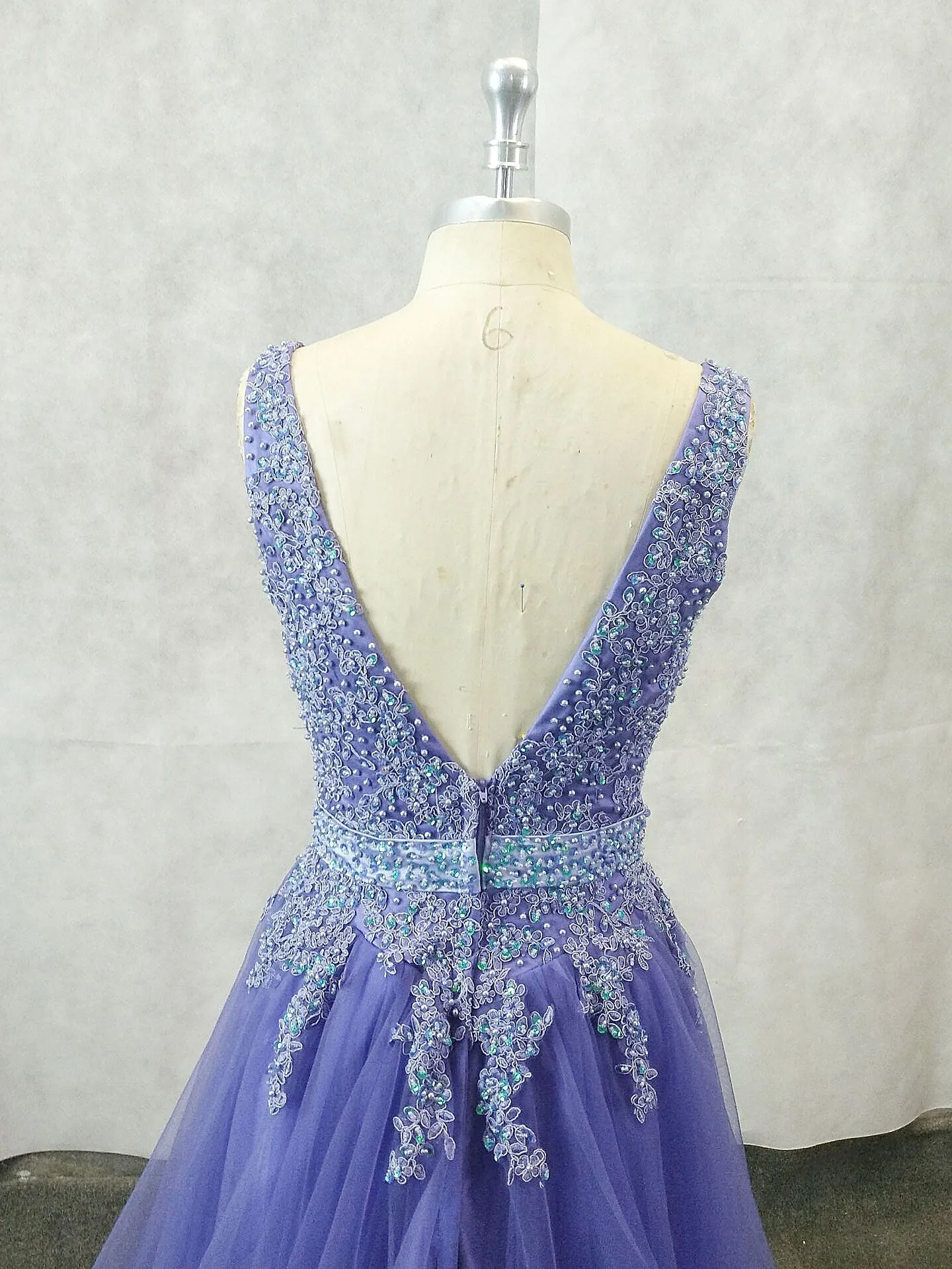 Unique V Neck Tulle Lace Applique Long Prom Dress Tulle Evening Dress