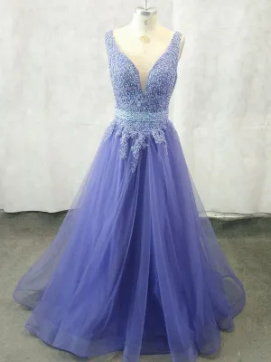 Unique V Neck Tulle Lace Applique Long Prom Dress Tulle Evening Dress
