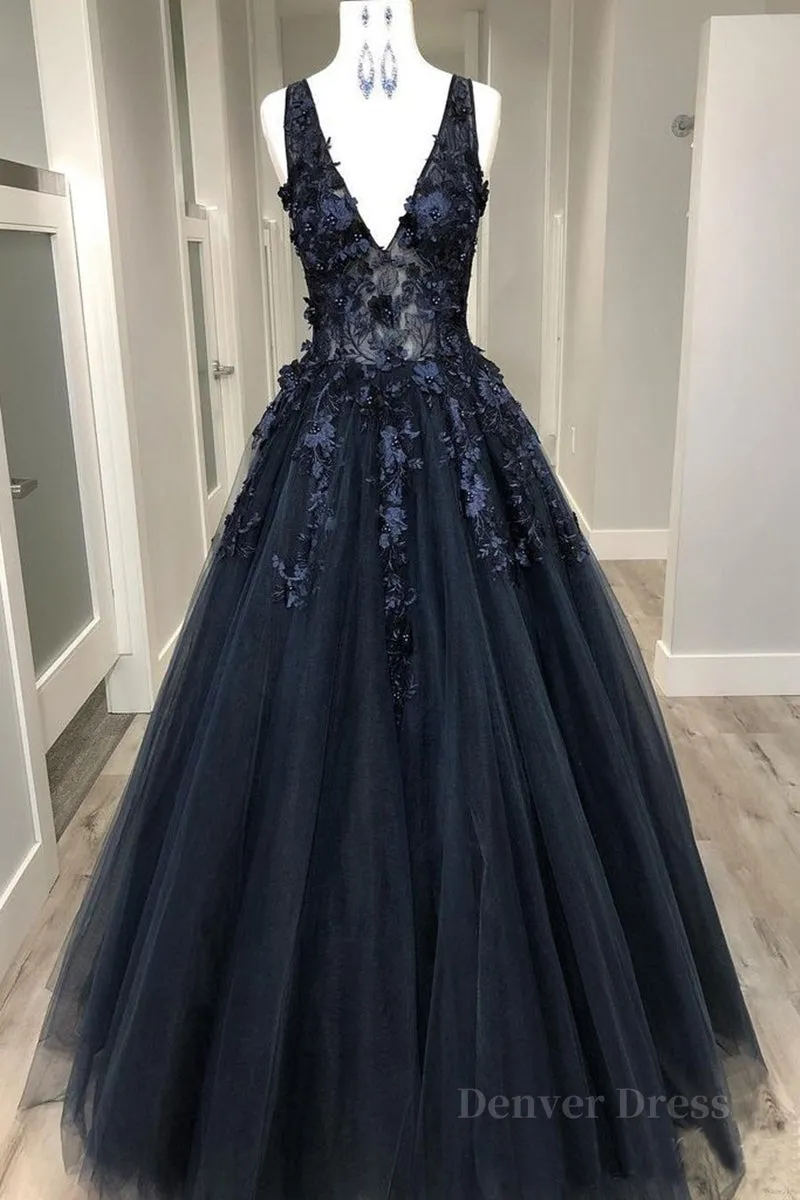 V Neck Beaded Black Lace Appliques Long Prom Dress Black Lace Formal Graduation Evening Dress