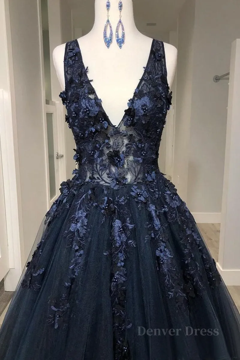 V Neck Beaded Black Lace Appliques Long Prom Dress Black Lace Formal Graduation Evening Dress