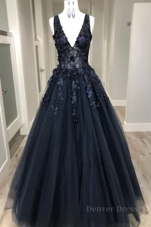 V Neck Beaded Black Lace Appliques Long Prom Dress Black Lace Formal Graduation Evening Dress