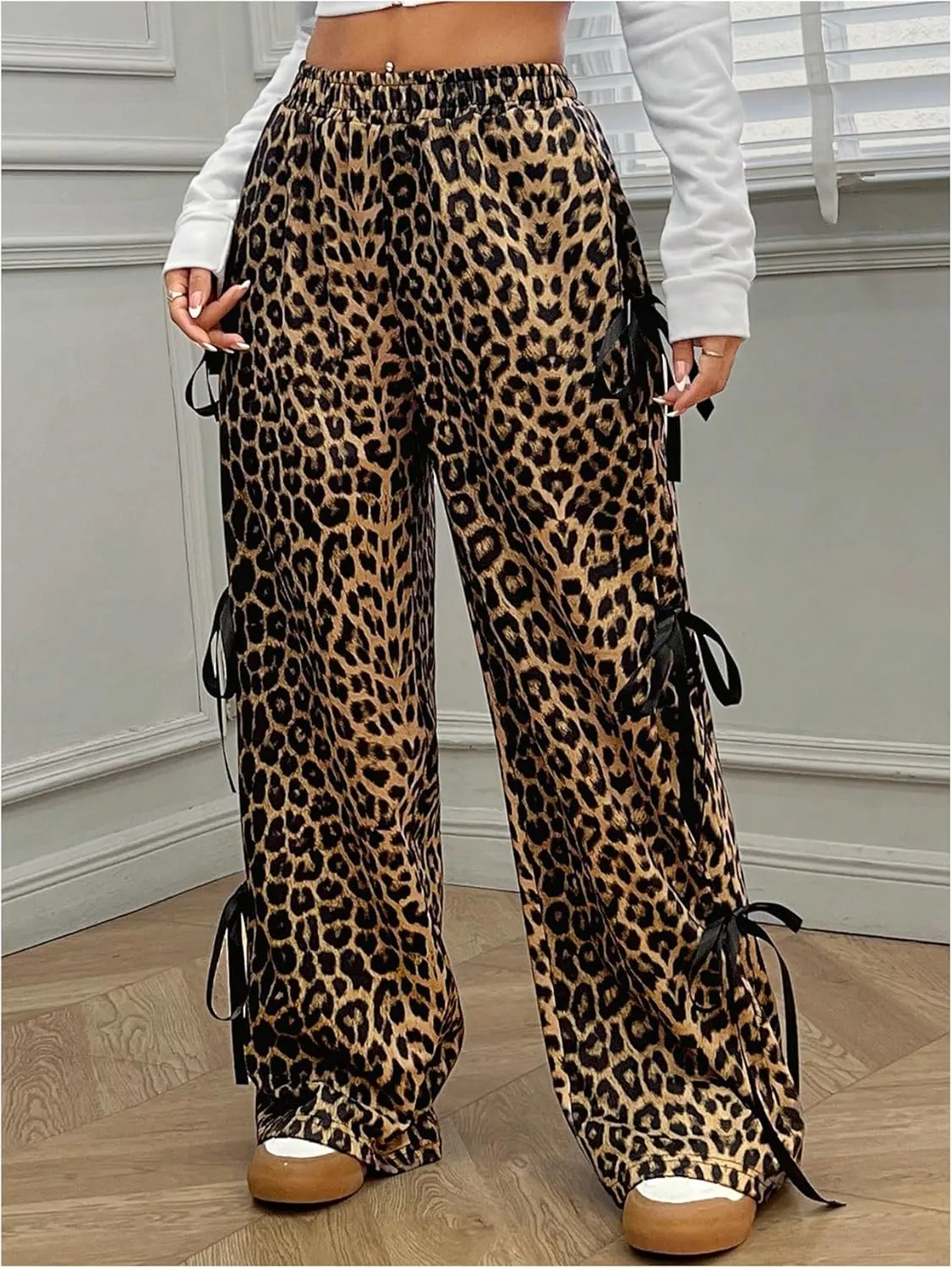 Verdusa Women's Bow Wide Leg Sweatpants Elastic Waist Casual Baggy Pants with Pocket