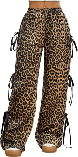 Verdusa Women's Bow Wide Leg Sweatpants Elastic Waist Casual Baggy Pants with Pocket