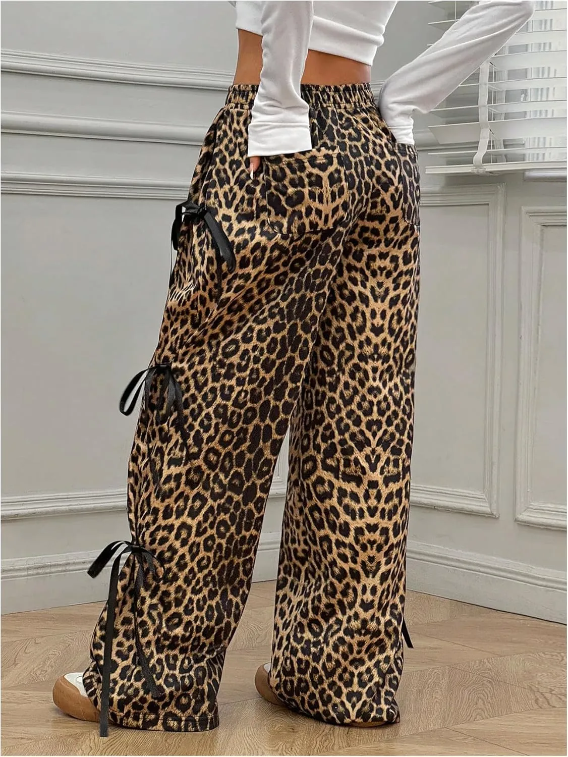 Verdusa Women's Bow Wide Leg Sweatpants Elastic Waist Casual Baggy Pants with Pocket