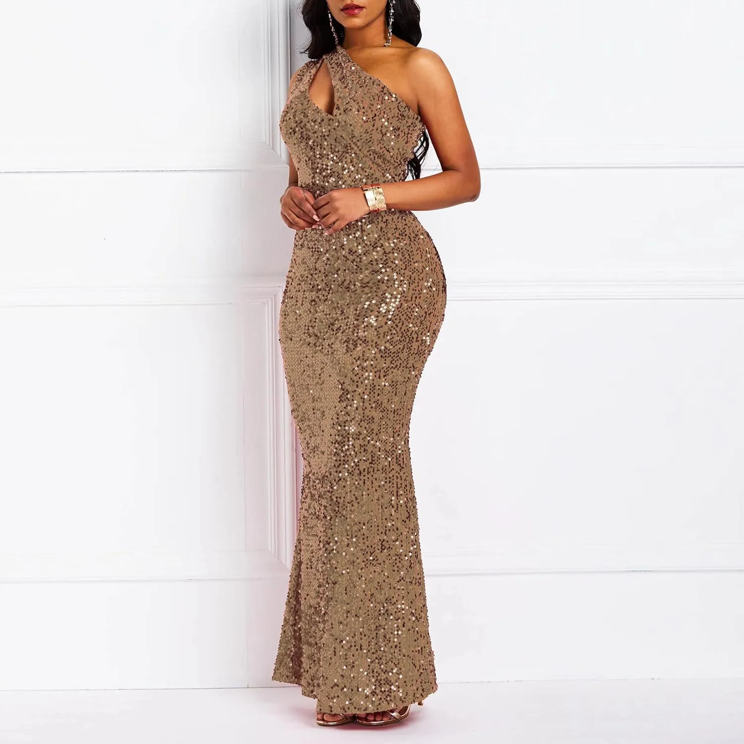 VERWIN Sequins Fashion Sleeveless Oblique Collar Mermaid Women's Maxi Dress Bodycon Dress Party Dress