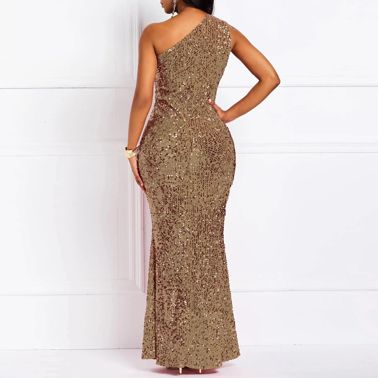 VERWIN Sequins Fashion Sleeveless Oblique Collar Mermaid Women's Maxi Dress Bodycon Dress Party Dress