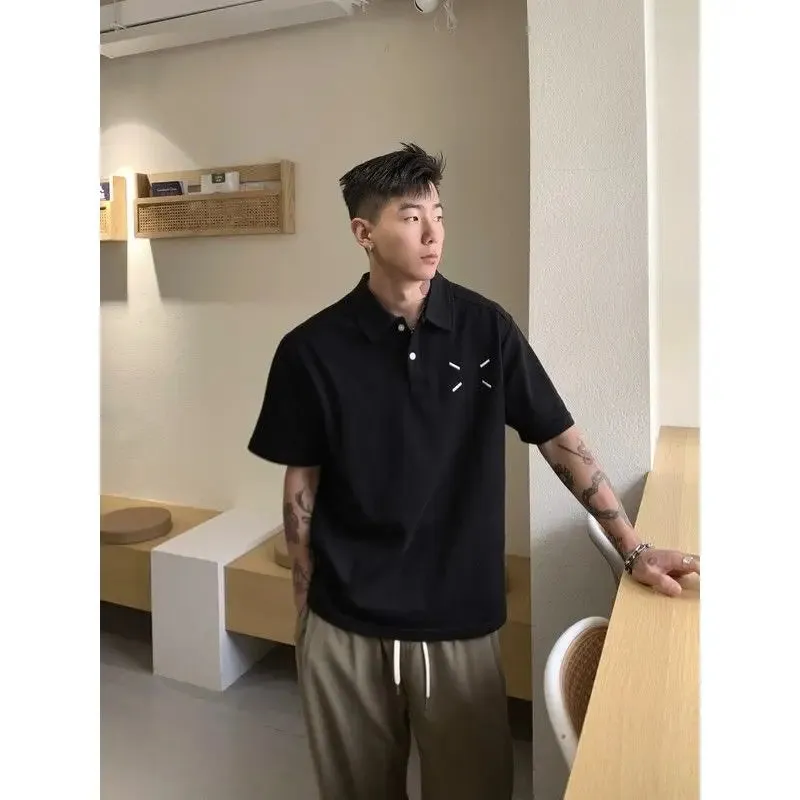 Wiaofellas  -  Summer New 100% Cotton High Street Hip-hop Polo Shirt Short Sleeve T-shirt Men's Japanese Casual Niche Loose Solid Color Top