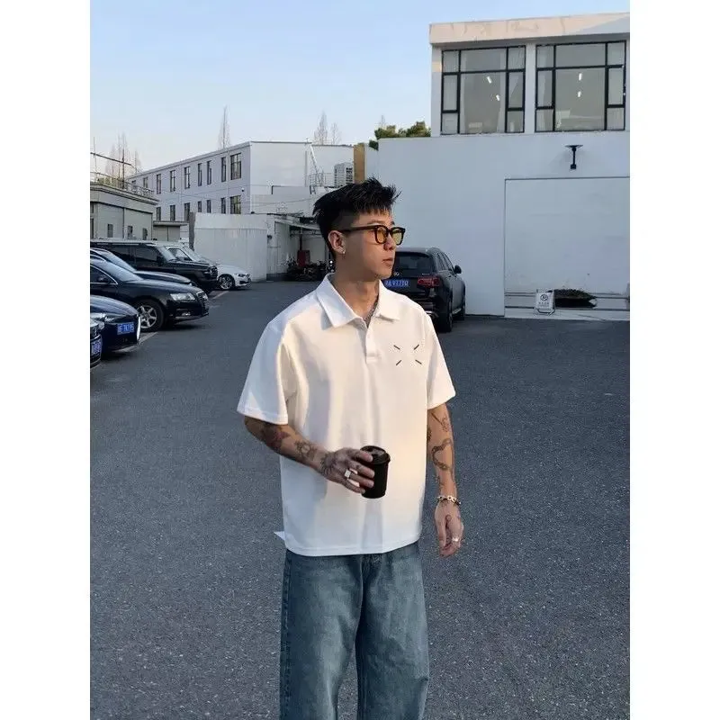 Wiaofellas  -  Summer New 100% Cotton High Street Hip-hop Polo Shirt Short Sleeve T-shirt Men's Japanese Casual Niche Loose Solid Color Top