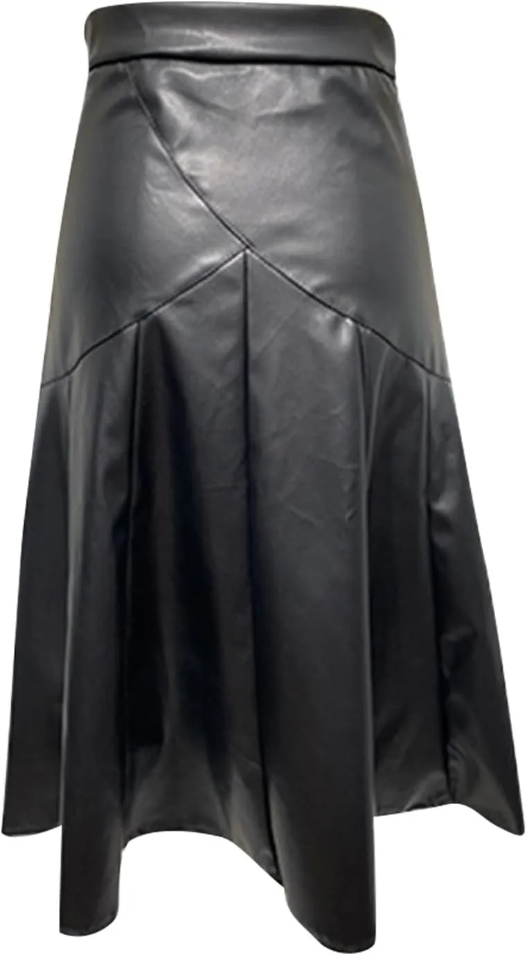 Women A Line Leather Skirts Elegant Faux Leather Flare High Waist Skirt Business Casual Plaid PU Skirts Half Dress
