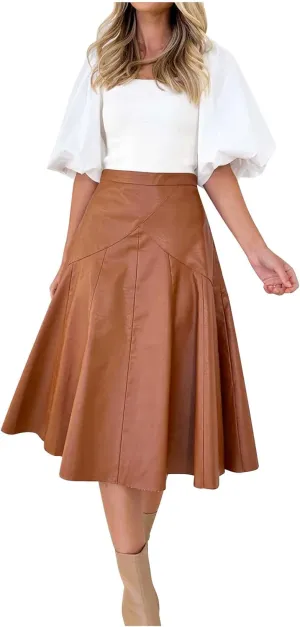 Women A Line Leather Skirts Elegant Faux Leather Flare High Waist Skirt Business Casual Plaid PU Skirts Half Dress