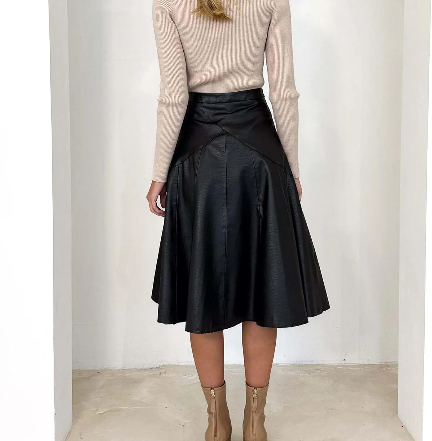 Women A Line Leather Skirts Elegant Faux Leather Flare High Waist Skirt Business Casual Plaid PU Skirts Half Dress
