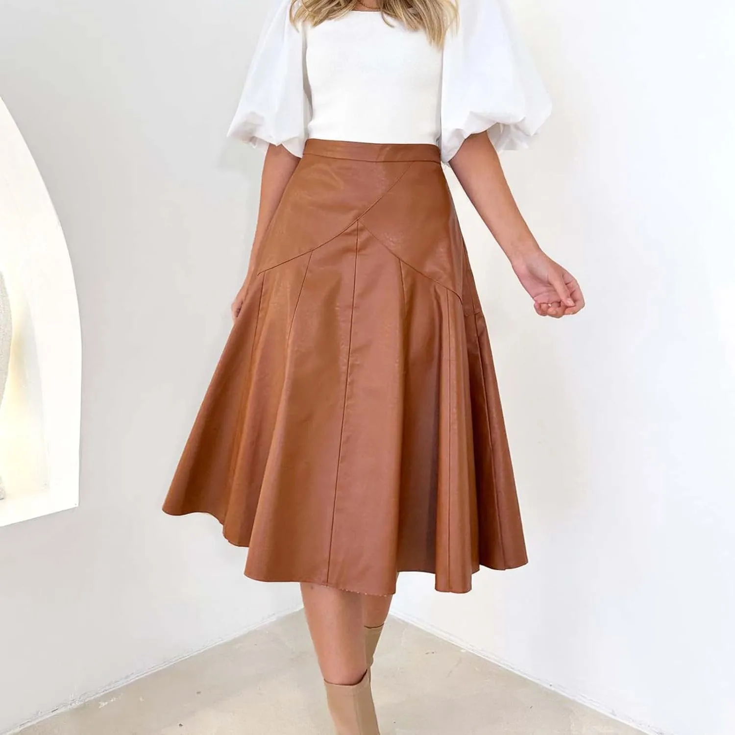 Women A Line Leather Skirts Elegant Faux Leather Flare High Waist Skirt Business Casual Plaid PU Skirts Half Dress
