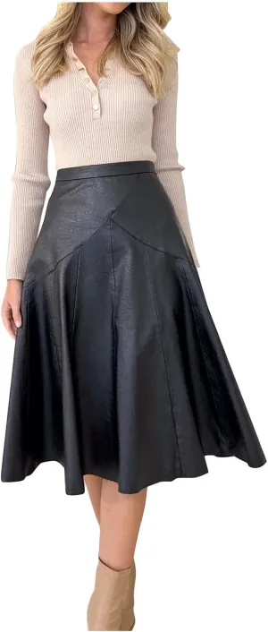 Women A Line Leather Skirts Elegant Faux Leather Flare High Waist Skirt Business Casual Plaid PU Skirts Half Dress