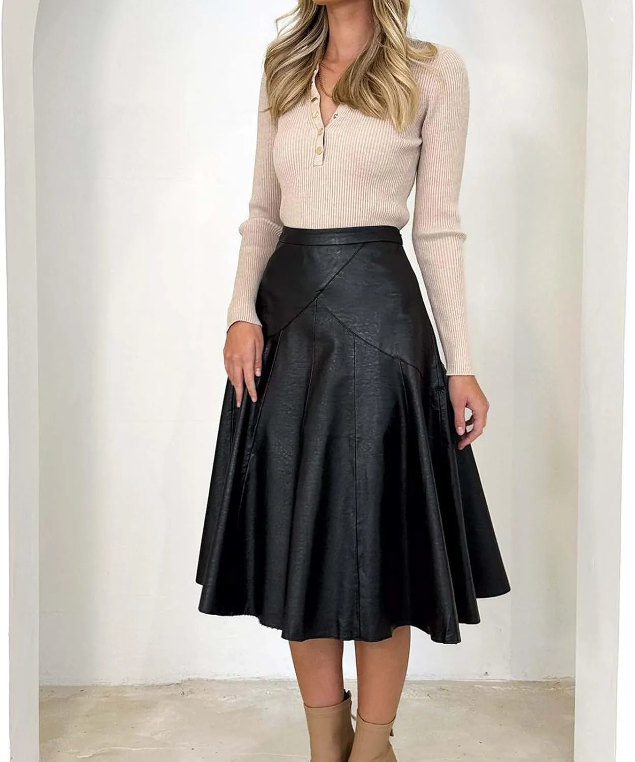 Women A Line Leather Skirts Elegant Faux Leather Flare High Waist Skirt Business Casual Plaid PU Skirts Half Dress