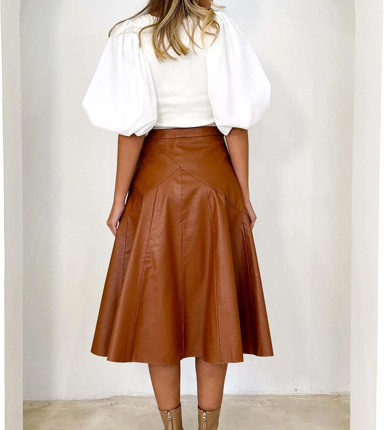 Women A Line Leather Skirts Elegant Faux Leather Flare High Waist Skirt Business Casual Plaid PU Skirts Half Dress