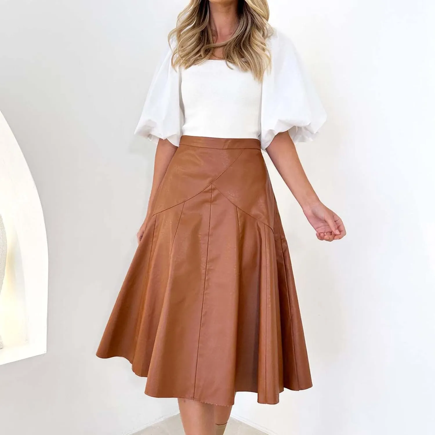 Women A Line Leather Skirts Elegant Faux Leather Flare High Waist Skirt Business Casual Plaid PU Skirts Half Dress