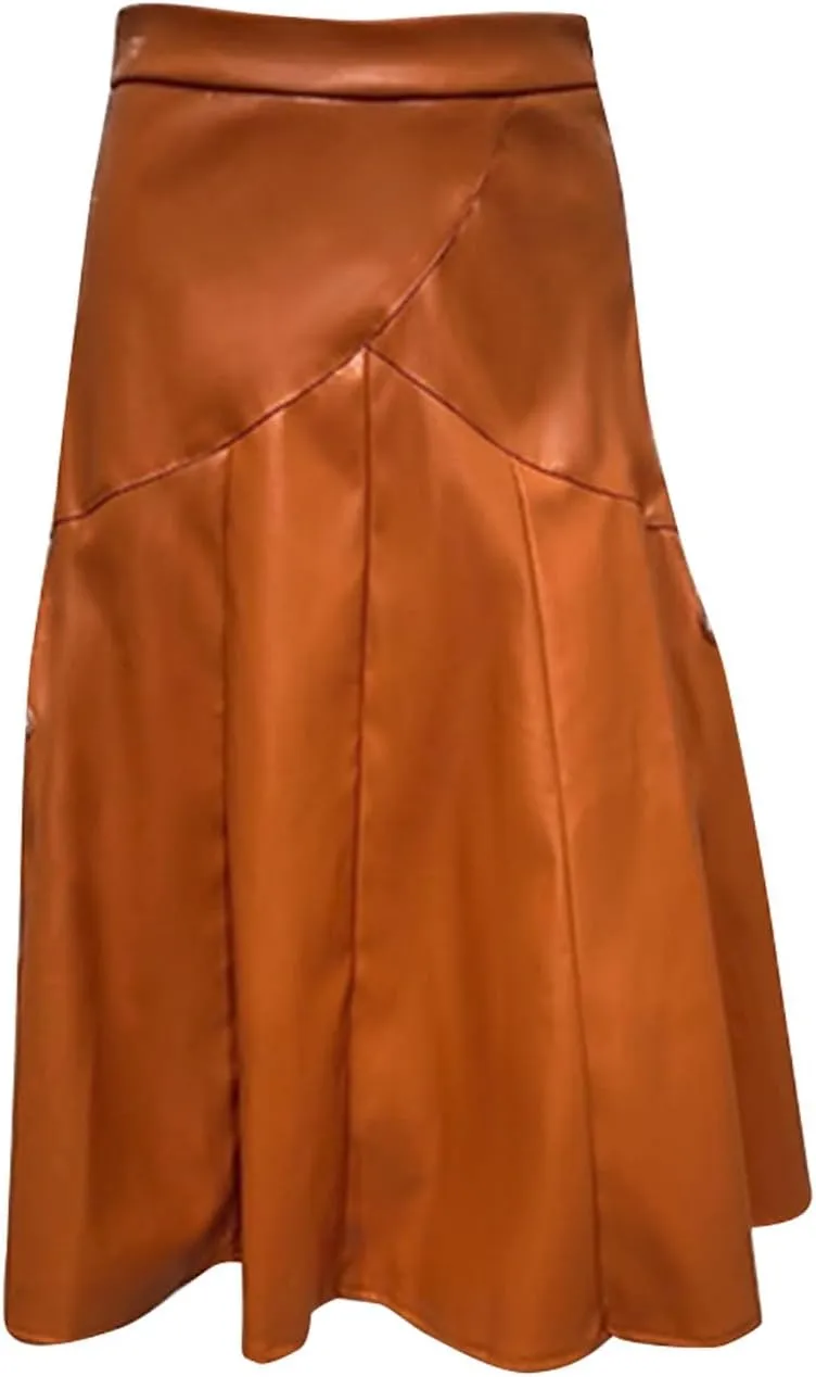 Women A Line Leather Skirts Elegant Faux Leather Flare High Waist Skirt Business Casual Plaid PU Skirts Half Dress