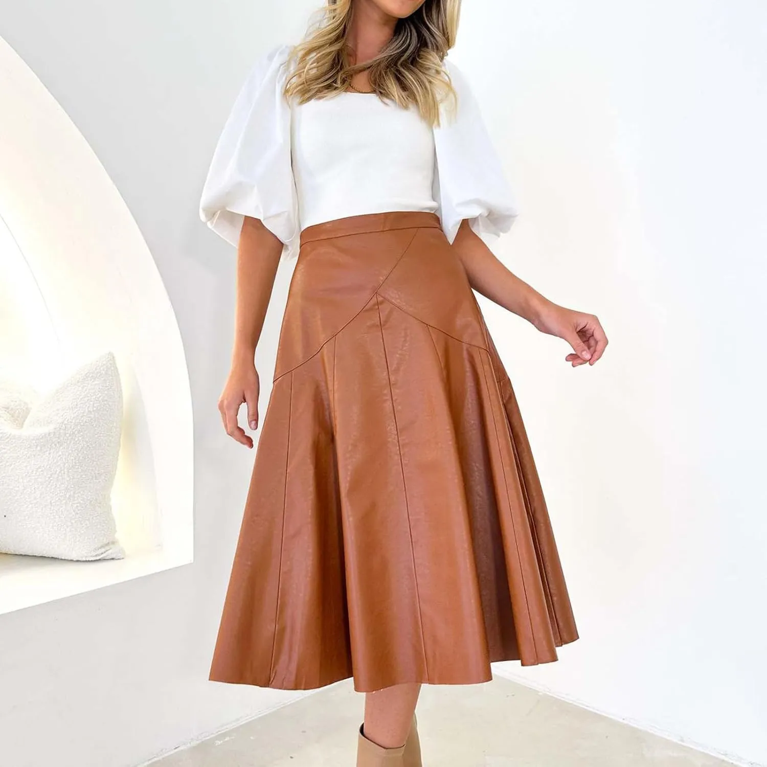 Women A Line Leather Skirts Elegant Faux Leather Flare High Waist Skirt Business Casual Plaid PU Skirts Half Dress