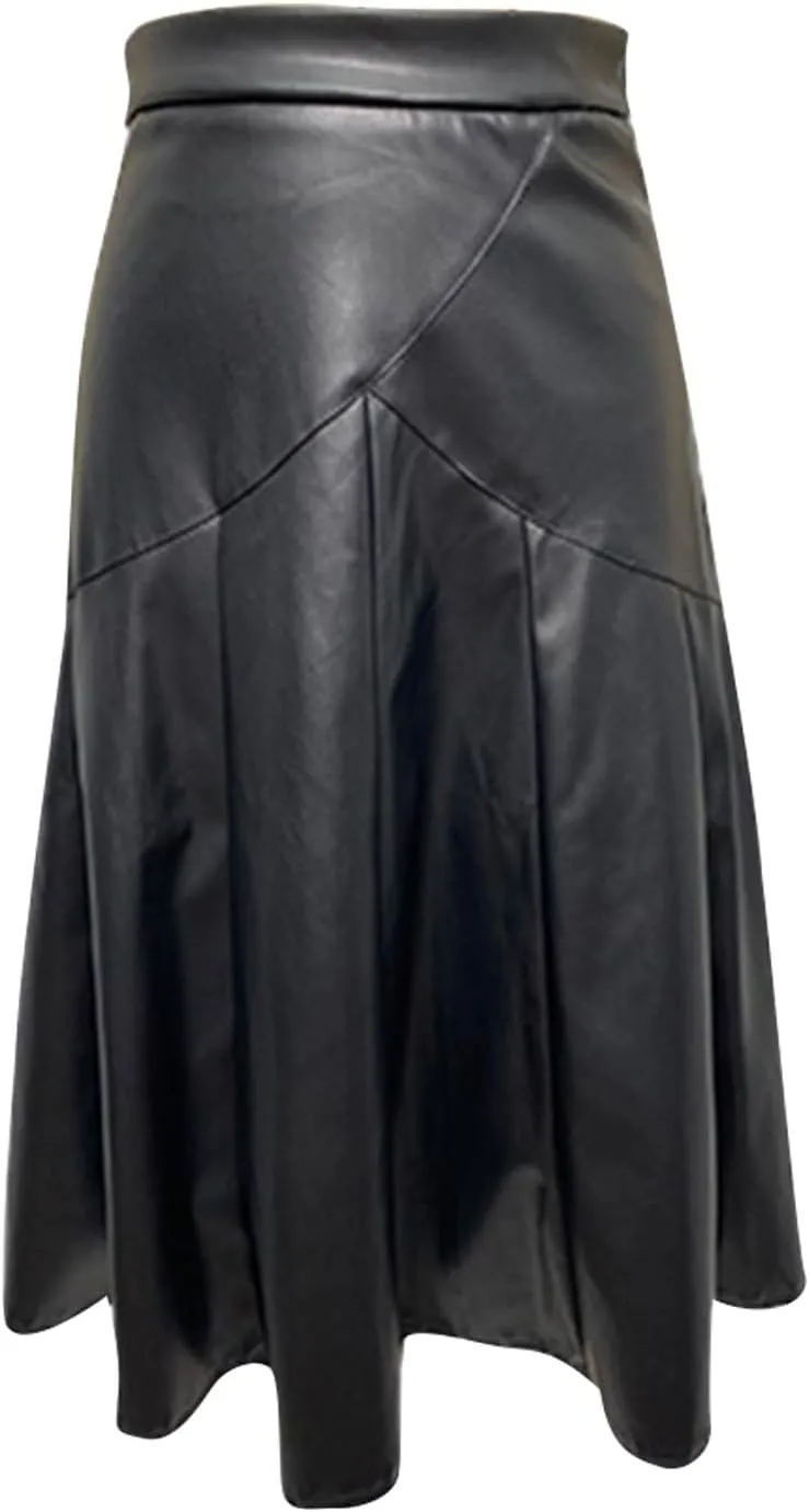 Women A Line Leather Skirts Elegant Faux Leather Flare High Waist Skirt Business Casual Plaid PU Skirts Half Dress