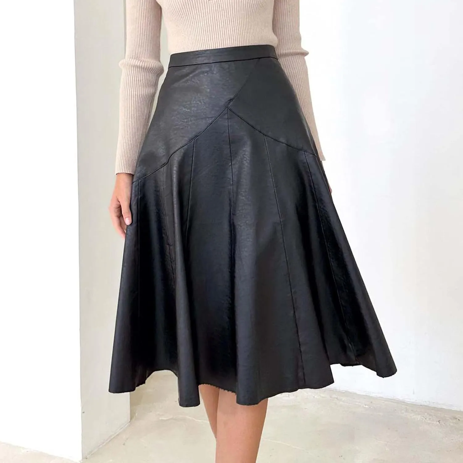Women A Line Leather Skirts Elegant Faux Leather Flare High Waist Skirt Business Casual Plaid PU Skirts Half Dress
